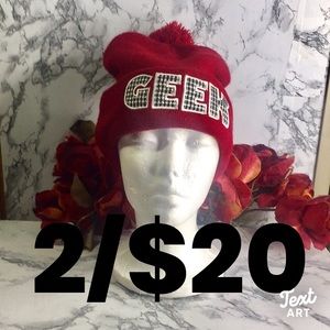 Red Rhinestone Geek Beanie with Pom Pom
